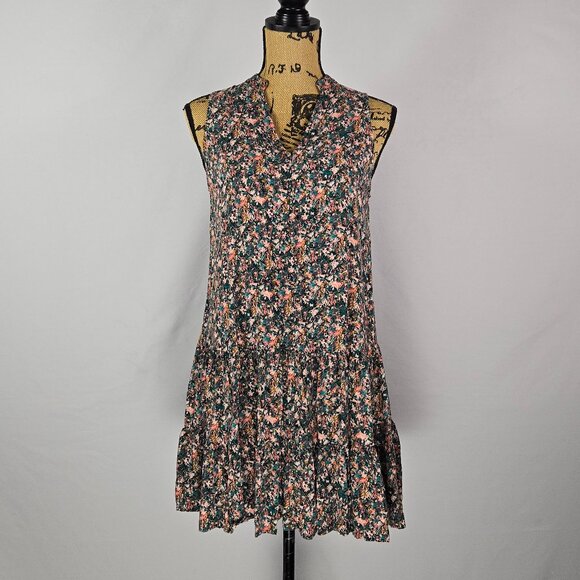 Nine West Sleeveless Floral Dress S Black Pink Green 100% Rayon Ruffle Hem Boho - Picture 1 of 9